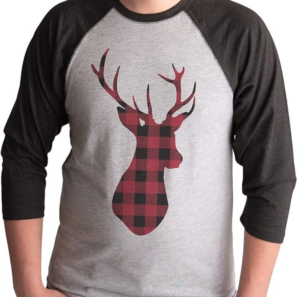 Men's Plaid Deer Christmas Baseball Tee